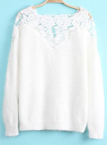Romwe White Contrast Lace Long Sleeve Mohair Sweater