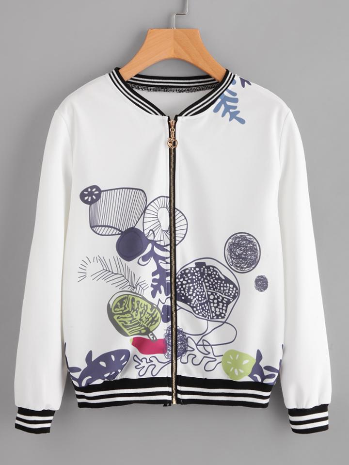 Romwe Striped Trim Graphic Print Random Zip Up Jacket