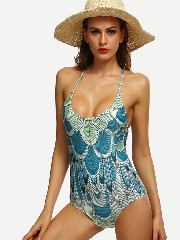Romwe Multicolor Peacock Print Racerback One Piece Swimwear