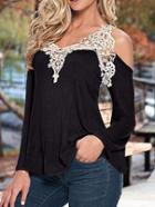 Romwe Bell Sleeve Contrast Lace Hollow Out Black T-shirt