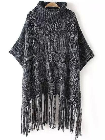 Romwe Turtleneck Tassel Black Cape Sweater
