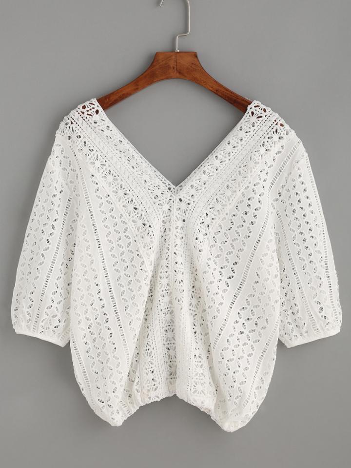 Romwe Deep V Neck Crochet Lace Insert Hollow Top