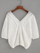 Romwe Deep V Neck Crochet Lace Insert Hollow Top