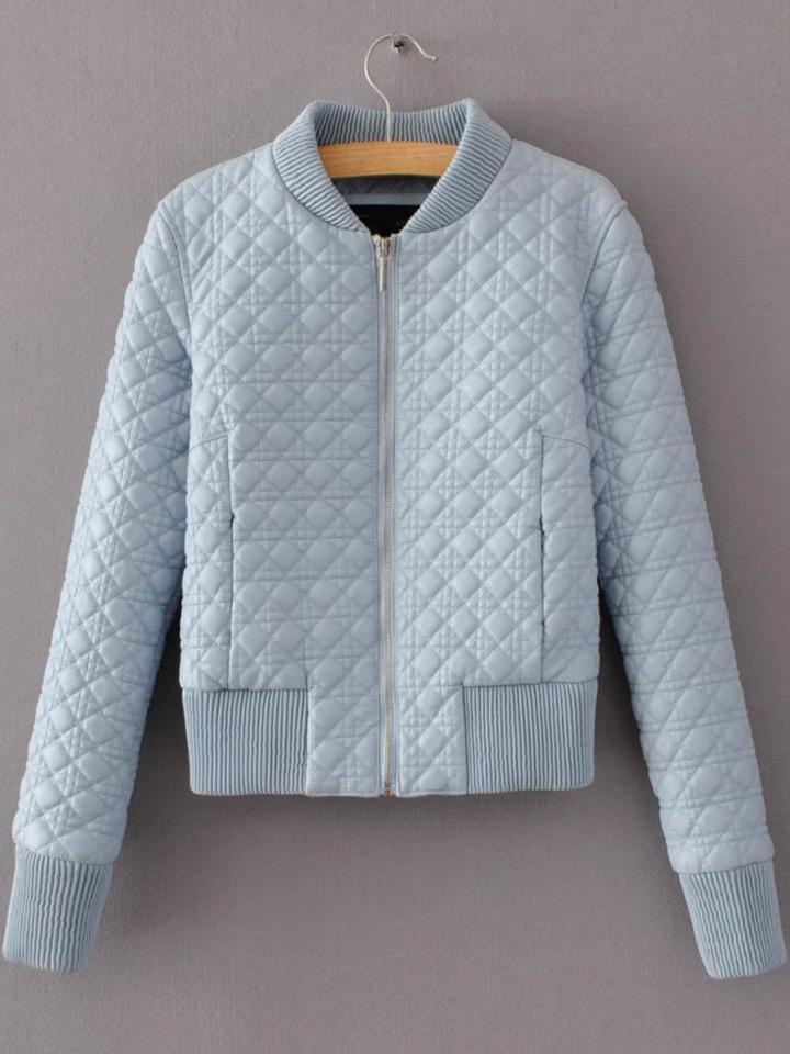 Romwe Blue Quilted Zipper Up Pu Jacket