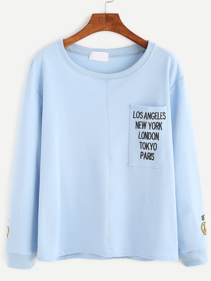 Romwe Light Blue Letter Embroidery Pocket Sweatshirt