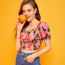 Romwe Fruit Print Frill Blouse