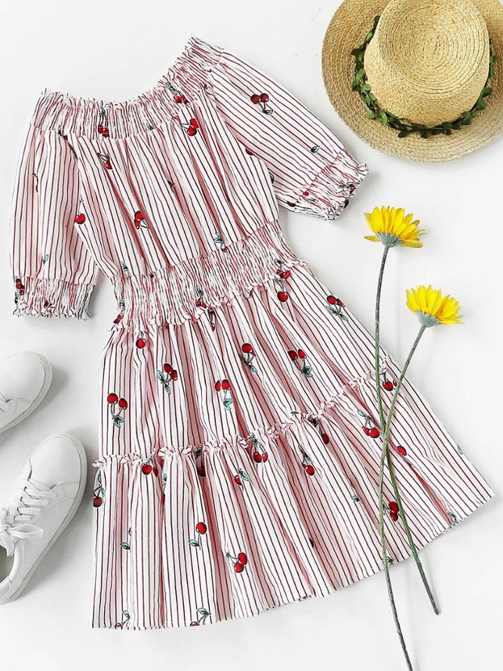 Romwe Shirred Stripe Cherry Print Frill Trim Dress