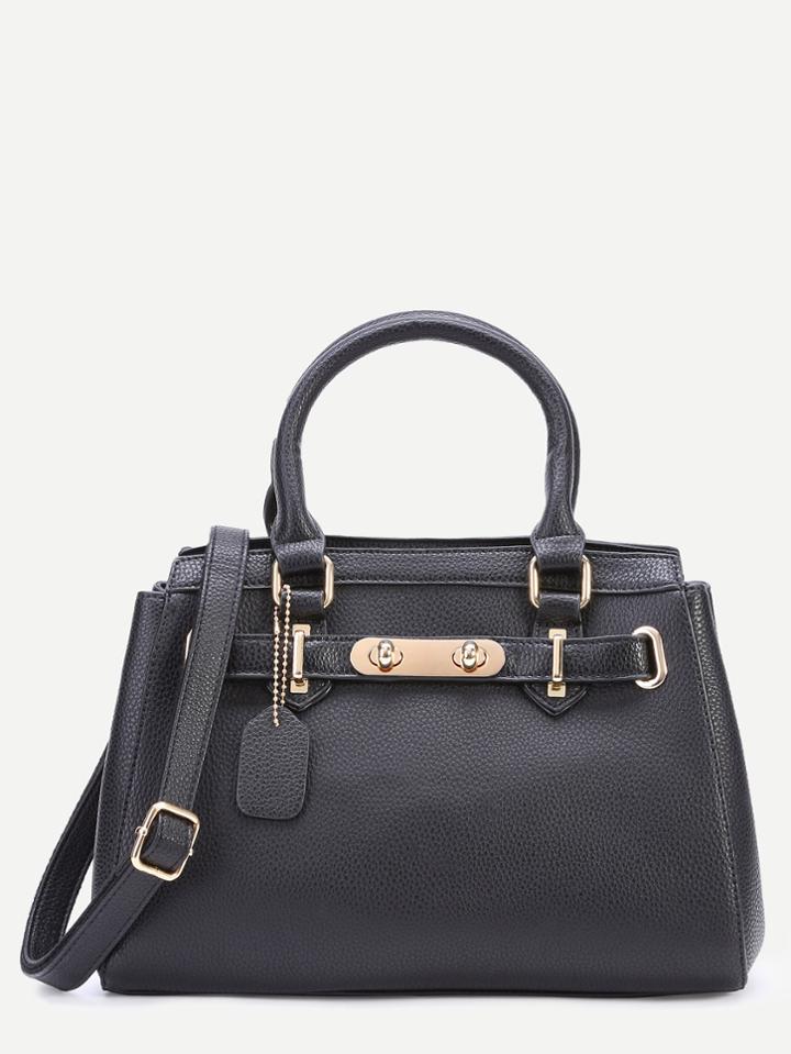 Romwe Black Pebbled Pu Handbag With Strap
