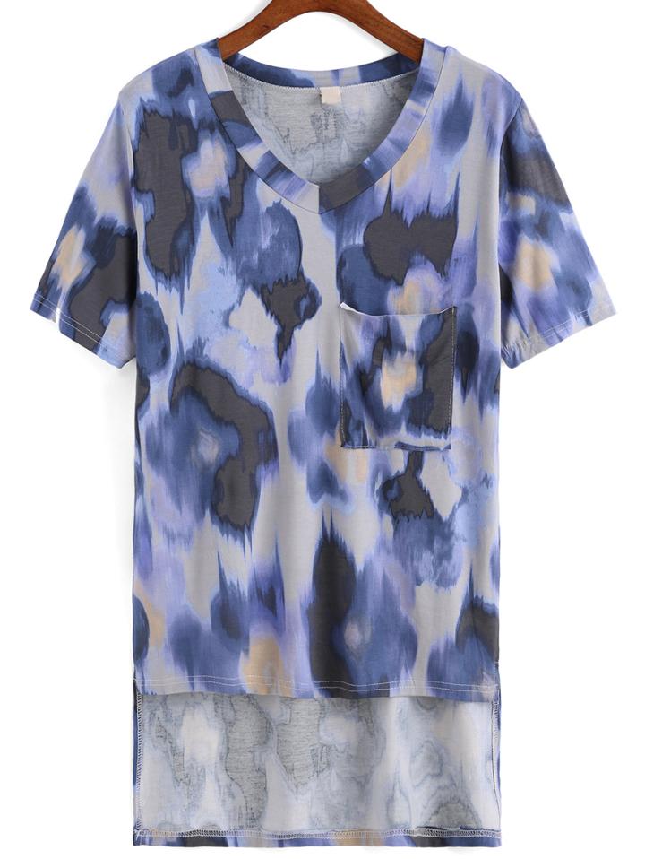 Romwe V Neck Dip Hem With Pocket Tie-dye T-shirt