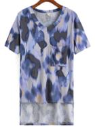 Romwe V Neck Dip Hem With Pocket Tie-dye T-shirt