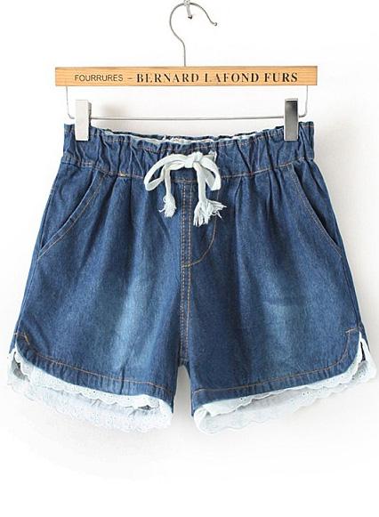 Romwe Drawstring Lace Hem Denim Navy Shorts