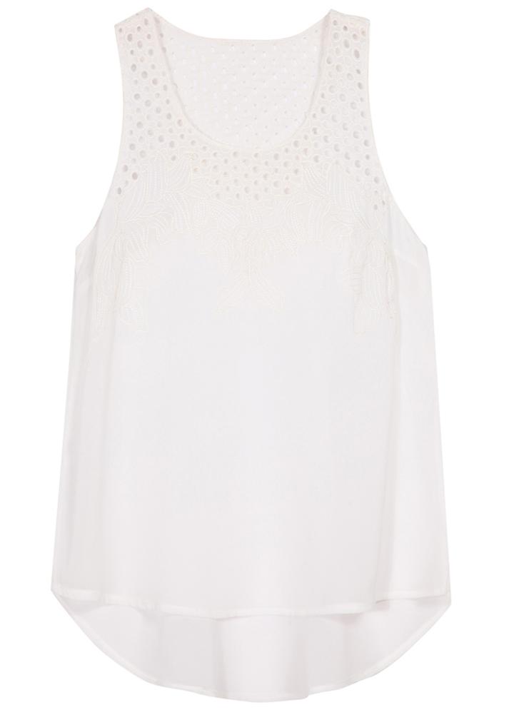Romwe Dip Hem Embroidered White Tank Top