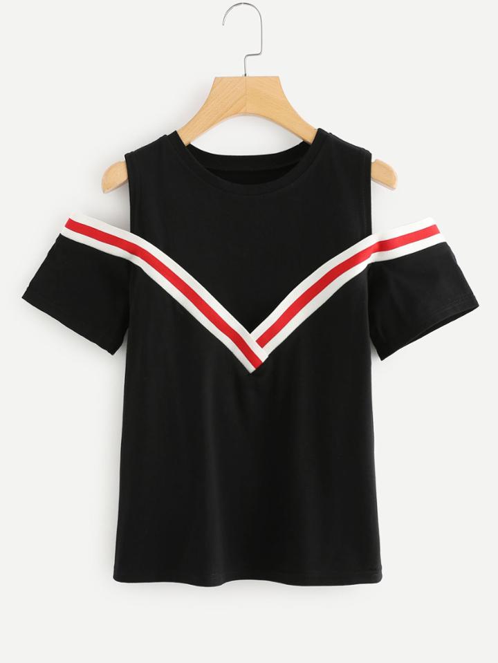 Romwe Stripe Contrast Open Shoulder Blouse