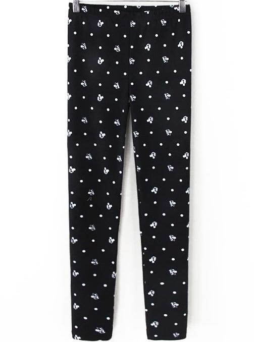 Romwe Cartoon Print Slim Black Leggings