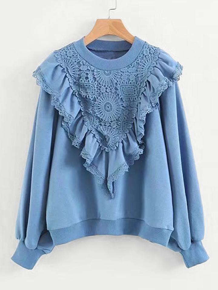 Romwe Ruffle Insert Lace Crochet Sweatshirt