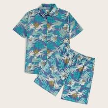 Romwe Guys Floral Print Hawaiian Shirt With Bermuda Shorts