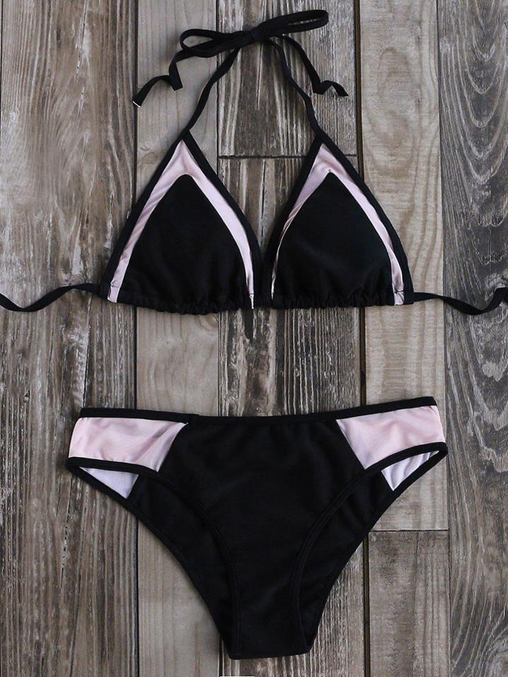 Romwe Black Contrast Mesh Triangle Bikini Set