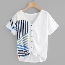 Romwe Plus Button Through Knot Hem Striped Tee
