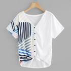 Romwe Plus Button Through Knot Hem Striped Tee
