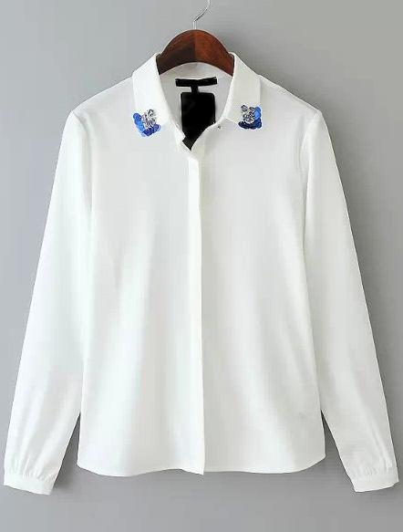 Romwe Embellished Collar Slim White Blouse