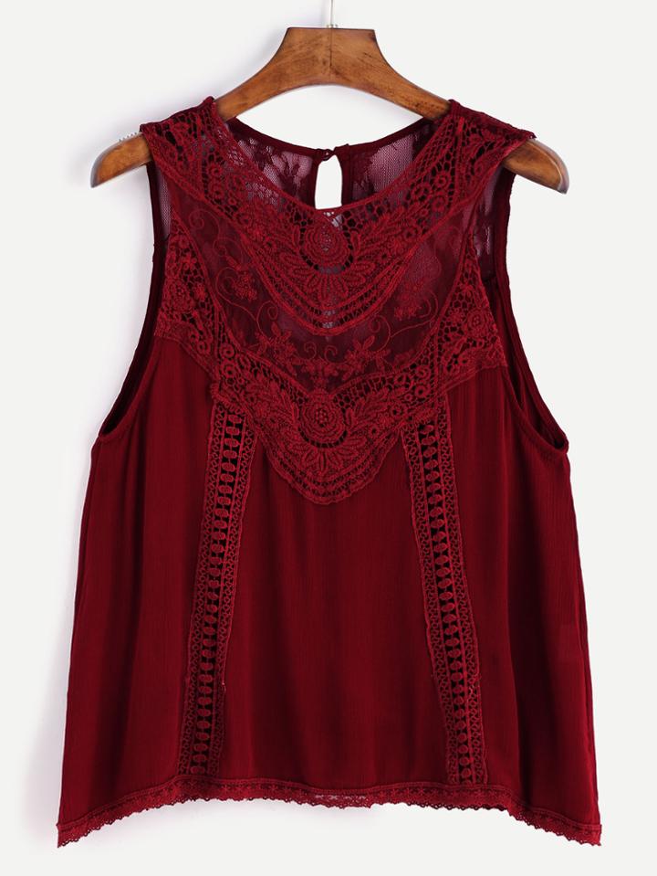 Romwe Burgundy Lace Insert Buttoned Keyhole Top