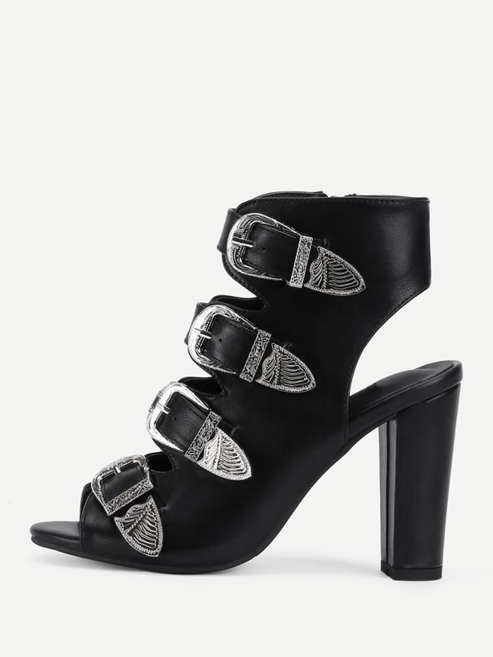 Romwe Buckle Design Side Zipper Pu Pumps