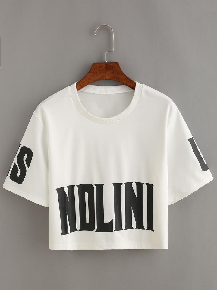 Romwe Letter Print Crop T-shirt - White