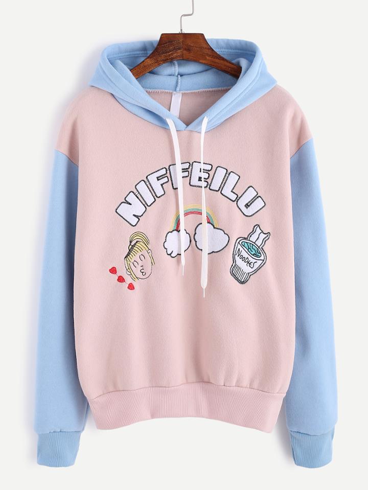 Romwe Contrast Cartoon Embroidered Patch Hooded Sweatshirt