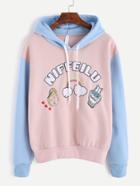 Romwe Contrast Cartoon Embroidered Patch Hooded Sweatshirt