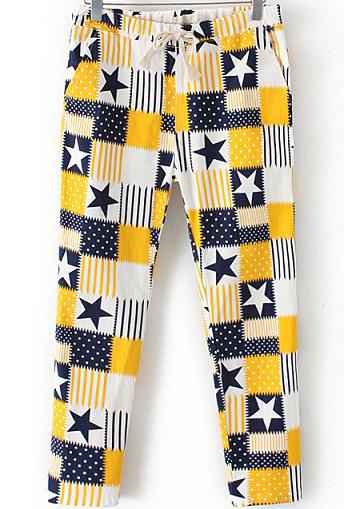 Romwe Drawstring Star Print Slim Yellow Pant