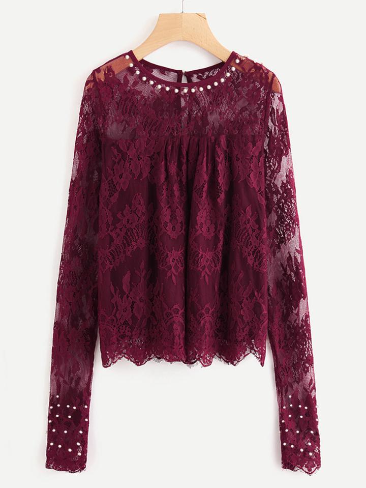 Romwe Pearl Beading Floral Eyelash Lace Top