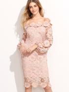 Romwe Embroidered Lace Overlay Lantern Sleeve Bardot Dress