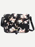 Romwe Black Flower Print Buckle Strap Flap Bag