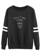Romwe Black Coffee Cup Letters Print Striped Sweatshirt