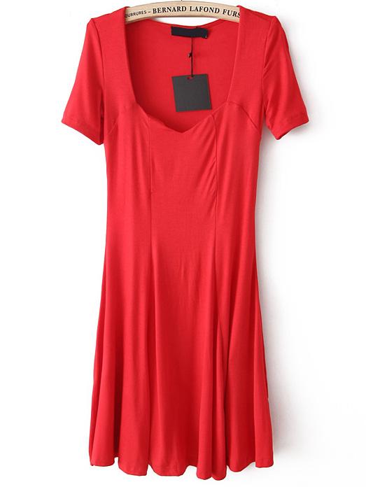 Romwe Square Neck Pleated Red Dress