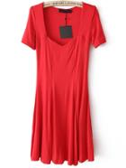 Romwe Square Neck Pleated Red Dress