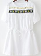 Romwe Drawstring Embroidered Loose White Dress