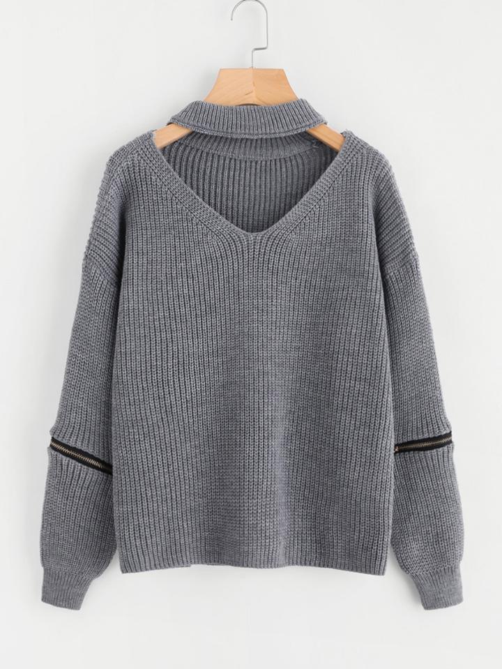 Romwe Zipper Detail Sleeve V Cut Choker Neck Jumper