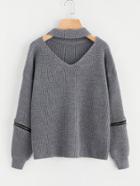 Romwe Zipper Detail Sleeve V Cut Choker Neck Jumper