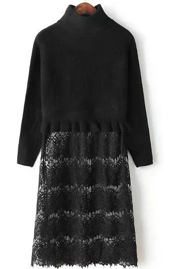 Romwe Stand Collar Lace Knit Black Dress