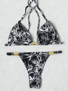 Romwe Metal Detail Leaf Print Strappy Bikini Set