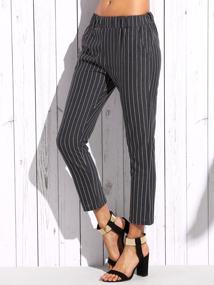 Romwe Grey Vertical Striped Skinny Pants