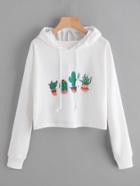 Romwe Cactus Embroidered Drawstring Hoodie