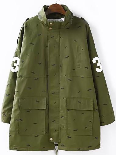 Romwe Stand Collar Moustache Print Green Coat