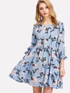 Romwe Ruffle Cuff Floral Smock Dress