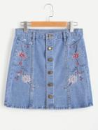 Romwe Floral Embroidered Single Breasted A Line Denim Skirt