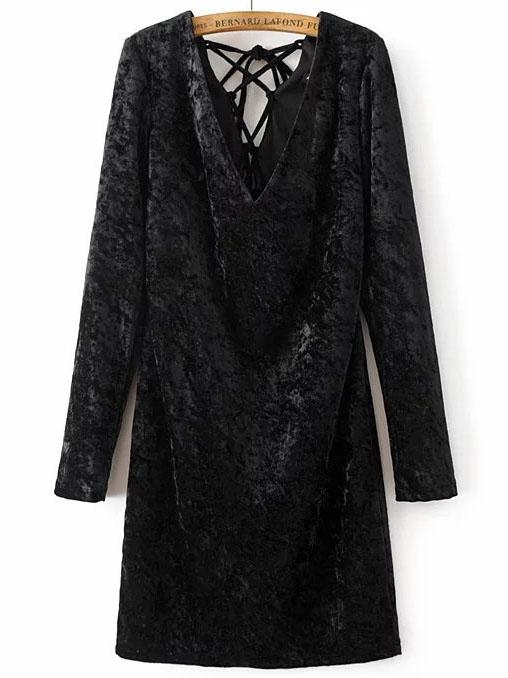 Romwe Black V Neck Lace Up Back Cutout Velvet Dress