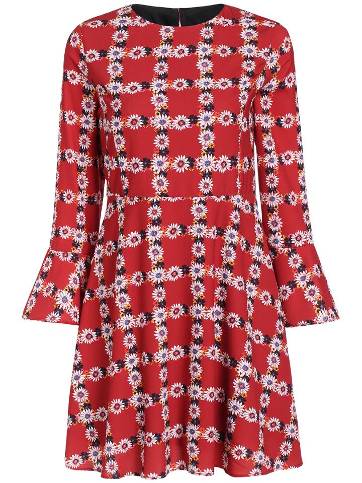 Romwe Bell Sleeve Chrysanthemum Print Bow Dress