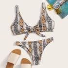Romwe Snakeskin Print Knot Front Bikini Set