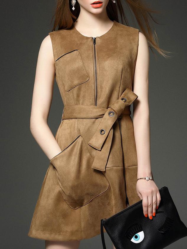 Romwe Coffee Round Neck Sleeveless Tie-waist Dress